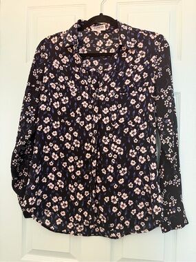 Express Black Floral Button-Down Shirt with Pink and Blue Blossoms